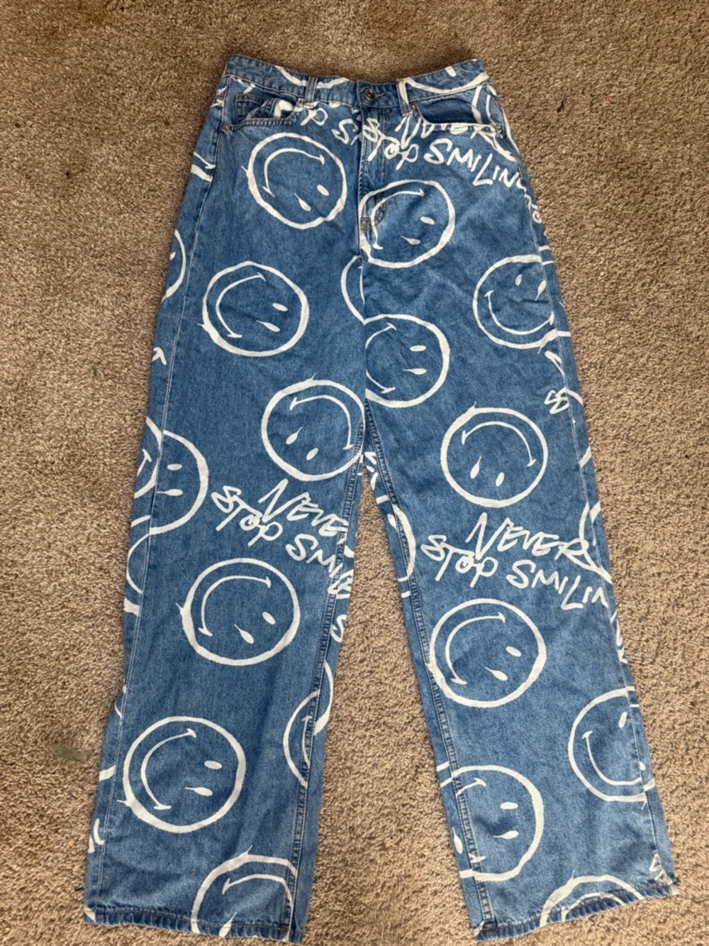 H&M Blue Denim Wide Leg Pants with White Smiley Print